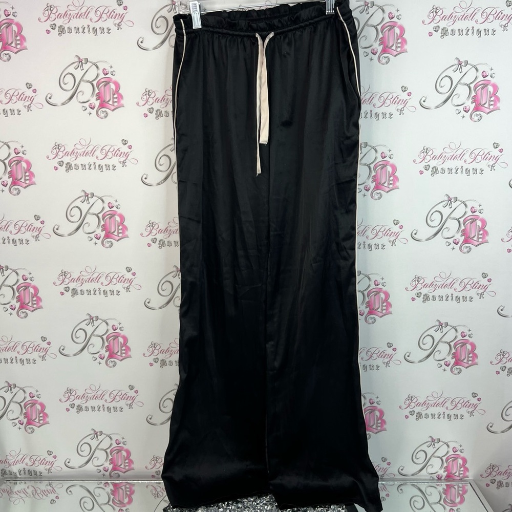 Victoria's Secret pants shiny silky feel pink trim Black Satin Lounge Pants